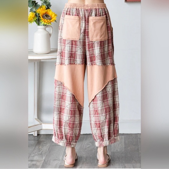 🧡🧡 Oli & Hali Washed Plaid Mixed Terry Detail Pants - Picture 2 of 5